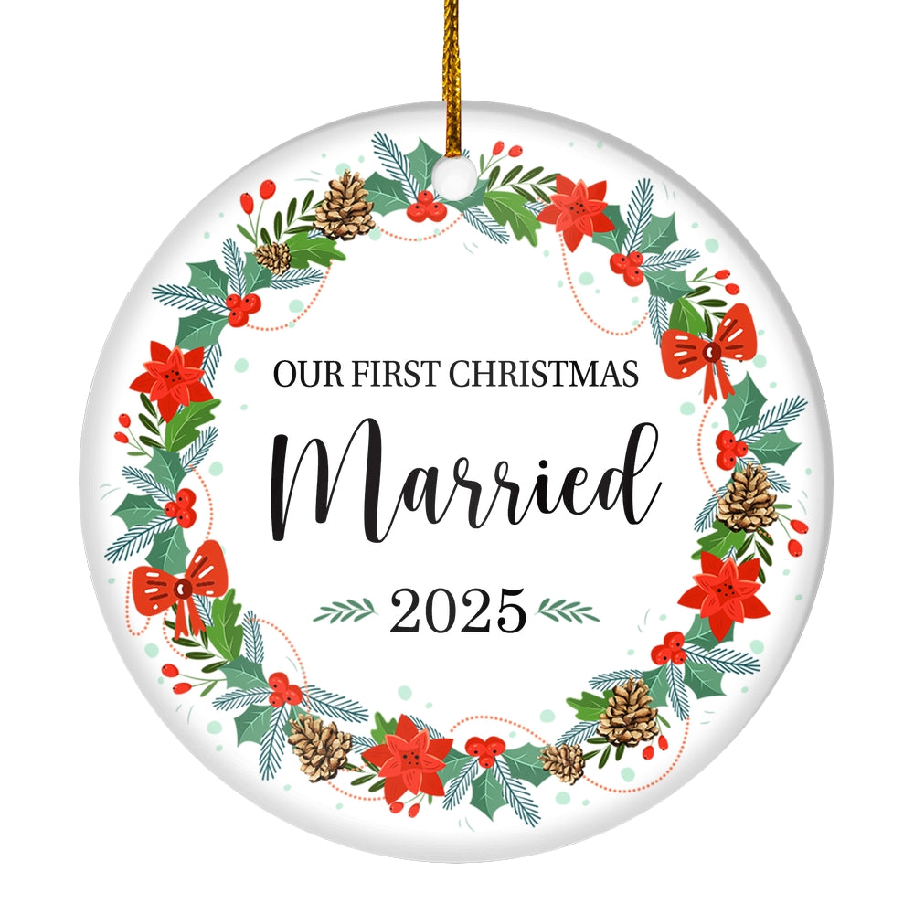 2025 Our First Christmas Married Mr And Mrs Gift Christmas Flower For Wedding Newlywed Couple 2025 Christmas Tree Ornament | teecentury
