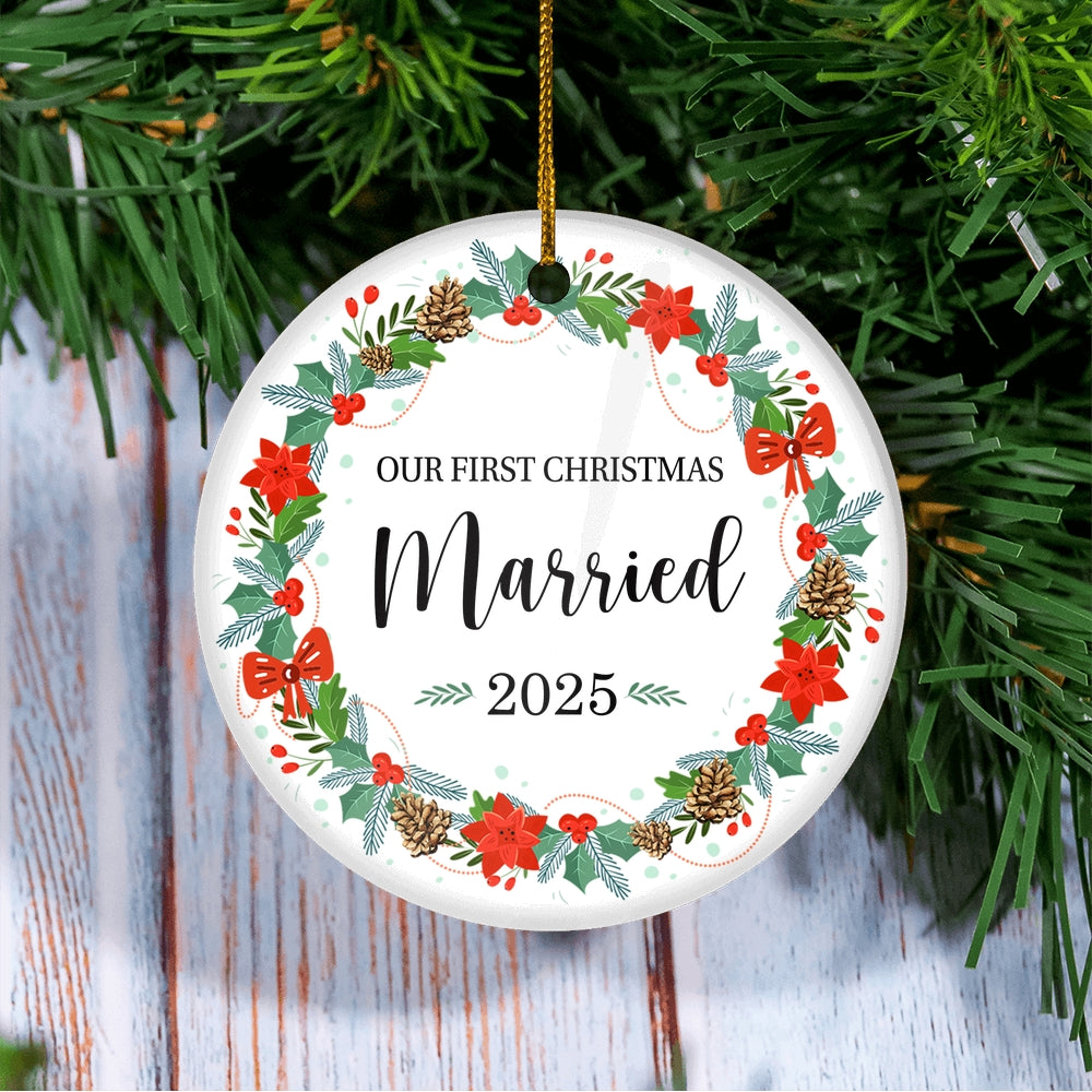 2025 Our First Christmas Married Mr And Mrs Gift Christmas Flower For Wedding Newlywed Couple 2025 Christmas Tree Ornament | teecentury
