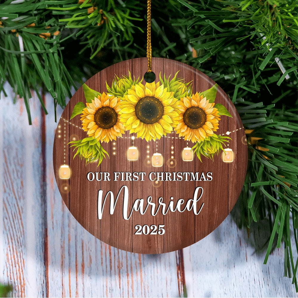 2025 Our First Christmas Married Mr And Mrs Gift Sunflower For Wedding Newlywed Couple 2025 Christmas Tree Ornament | teecentury
