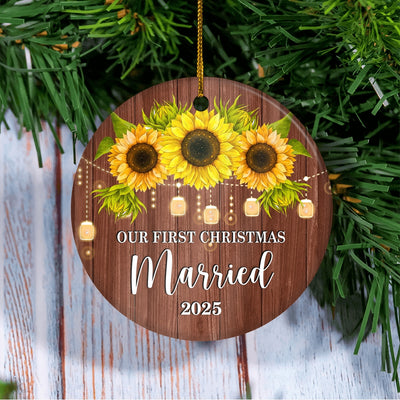 2025 Our First Christmas Married Mr And Mrs Gift Sunflower For Wedding Newlywed Couple 2025 Christmas Tree Ornament | teecentury