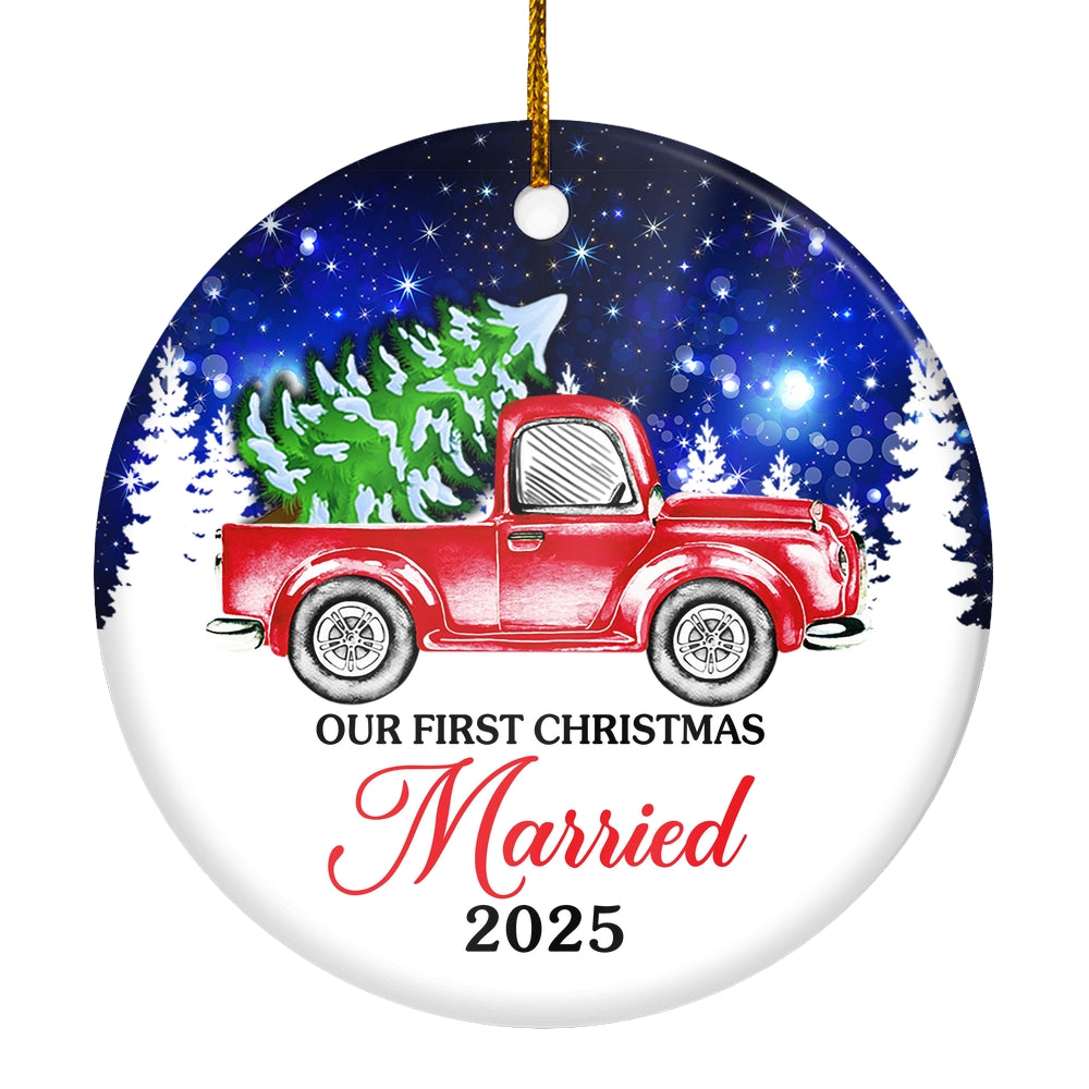 2025 Our First Christmas Married Mr And Mrs Red Truck Tree For Wedding Newlywed Couple 2025 Christmas Tree Ornament | teecentury