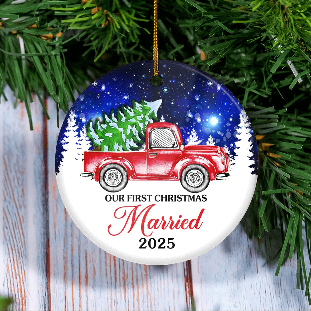 2025 Our First Christmas Married Mr And Mrs Red Truck Tree For Wedding Newlywed Couple 2025 Christmas Tree Ornament | teecentury