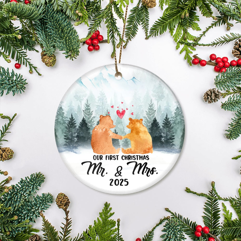 2025 Our First Christmas as Mr & Mrs Bear Tree Ornament Wedding Newlywed Couple 2025 Decoration Christmas Tree Ornament | teecentury
