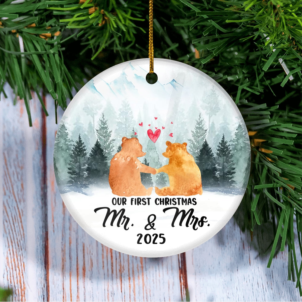 2025 Our First Christmas as Mr & Mrs Bear Tree Ornament Wedding Newlywed Couple 2025 Decoration Christmas Tree Ornament | teecentury