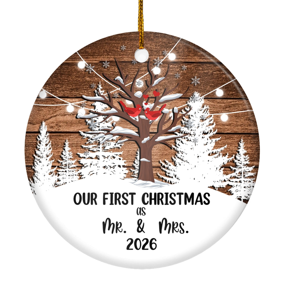 2025 Our First Christmas as Mr & Mrs Christmas Tree Couple Birds Ornament Snow Wedding Gift Newlywed Decoration Tree Ornament | teecentury