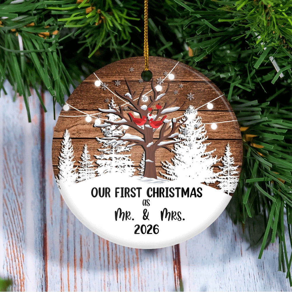2025 Our First Christmas as Mr & Mrs Christmas Tree Couple Birds Ornament Snow Wedding Gift Newlywed Decoration Tree Ornament | teecentury
