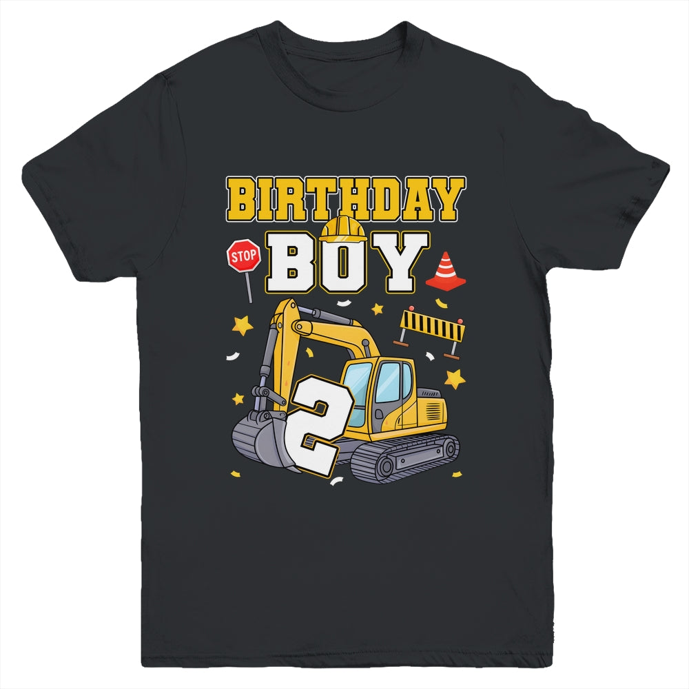 2nd Birthday Boy 2 Years Old Excavator Three Decorations Youth Shirt | teecentury