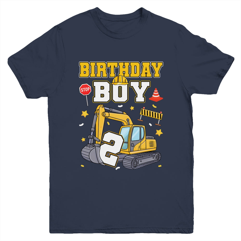 2nd Birthday Boy 2 Years Old Excavator Three Decorations Youth Shirt | teecentury