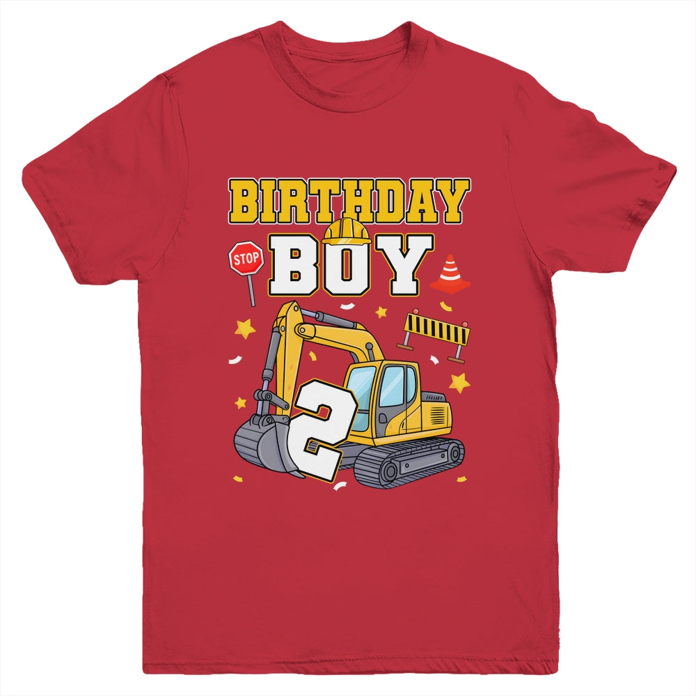 2nd Birthday Boy 2 Years Old Excavator Three Decorations Youth Shirt | teecentury
