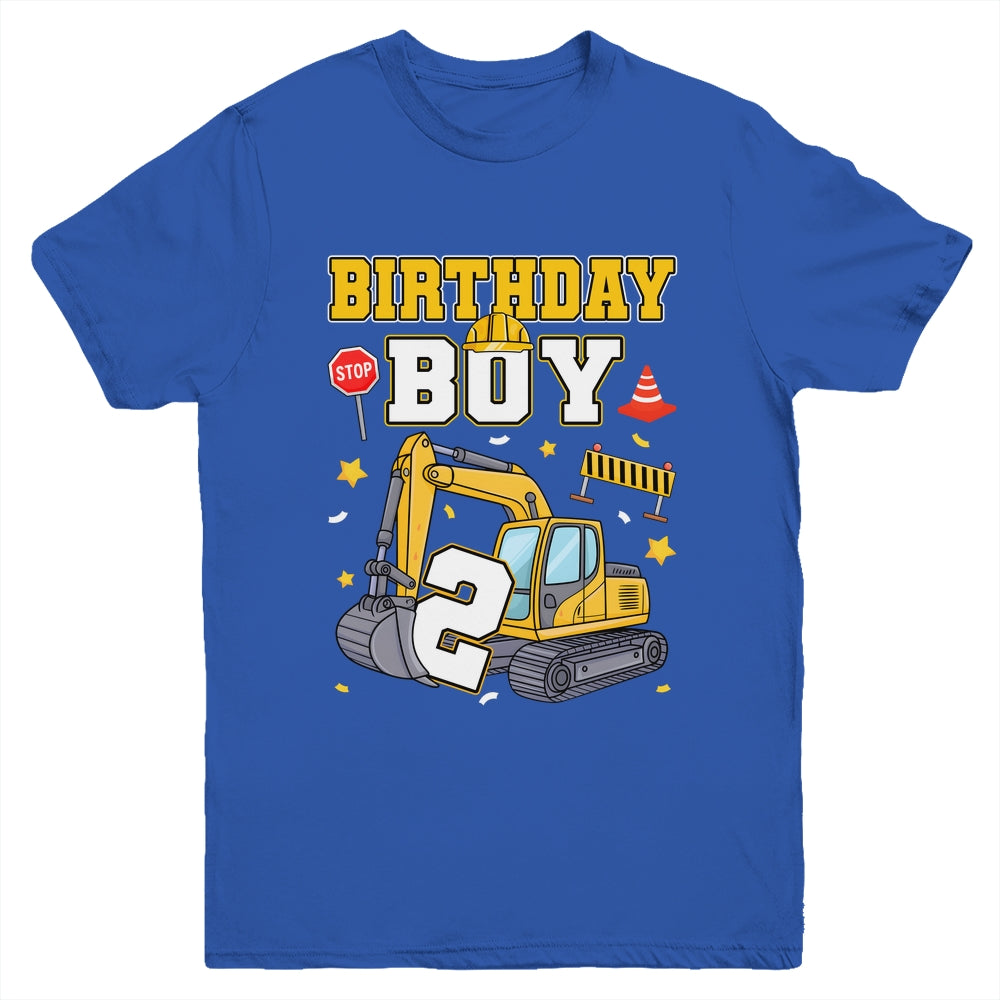 2nd Birthday Boy 2 Years Old Excavator Three Decorations Youth Shirt | teecentury
