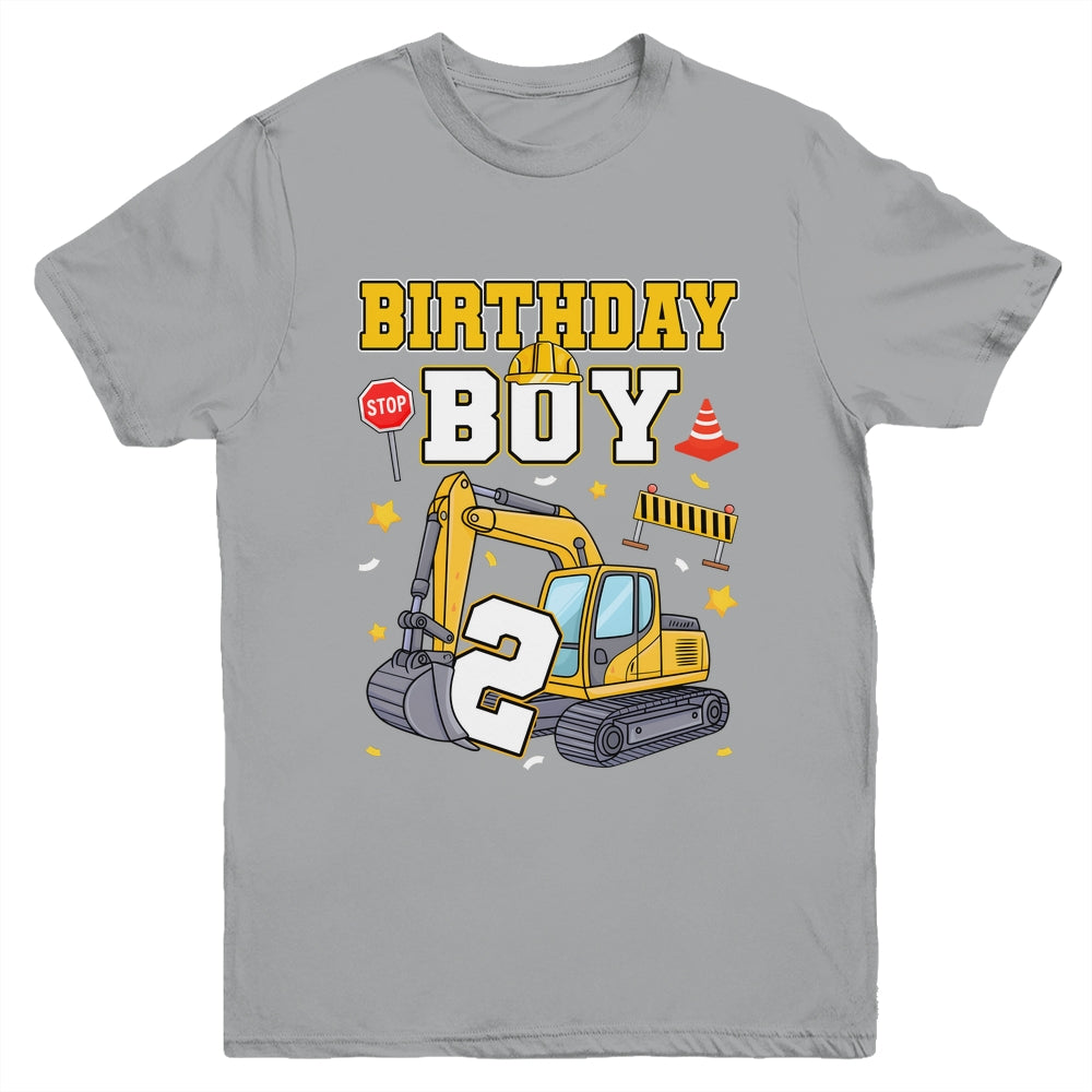 2nd Birthday Boy 2 Years Old Excavator Three Decorations Youth Shirt | teecentury