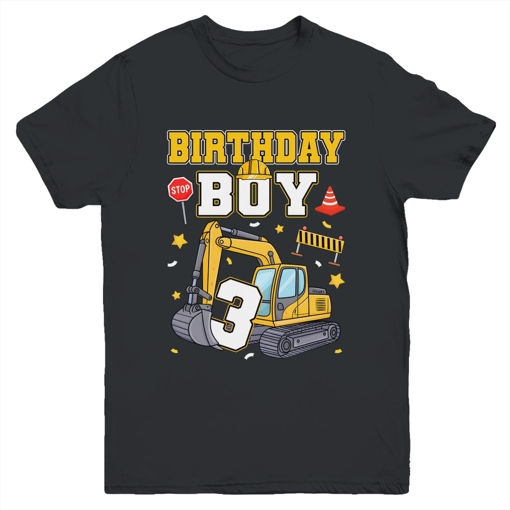 3rd Birthday Boy 3 Years Old Excavator Three Decorations Youth Shirt | teecentury