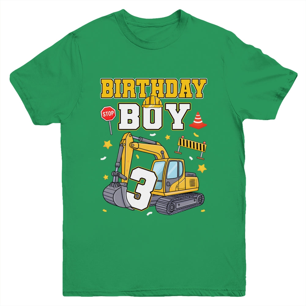 3rd Birthday Boy 3 Years Old Excavator Three Decorations Youth Shirt | teecentury