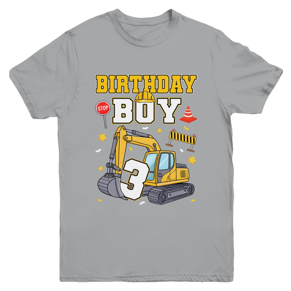 3rd Birthday Boy 3 Years Old Excavator Three Decorations Youth Shirt | teecentury