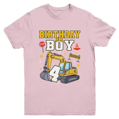 4th Birthday Boy 4 Years Old Excavator Three Decorations Youth Shirt | teecentury