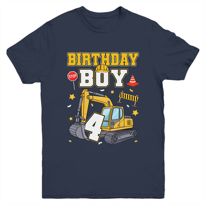 4th Birthday Boy 4 Years Old Excavator Three Decorations Youth Shirt | teecentury