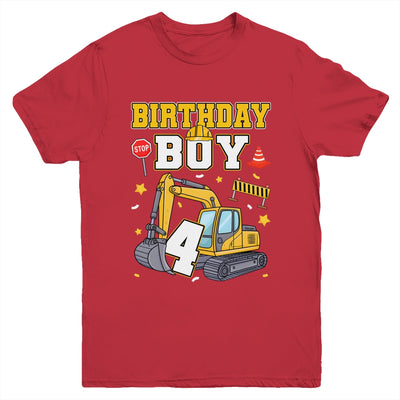 4th Birthday Boy 4 Years Old Excavator Three Decorations Youth Shirt | teecentury