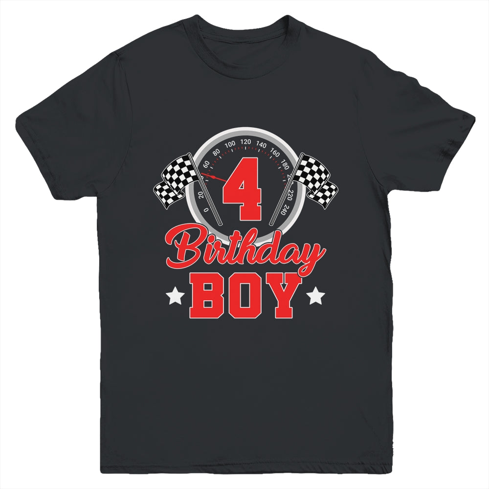 4th Birthday Boy Race Car Birthday Racing Car Flag Youth Shirt | teecentury