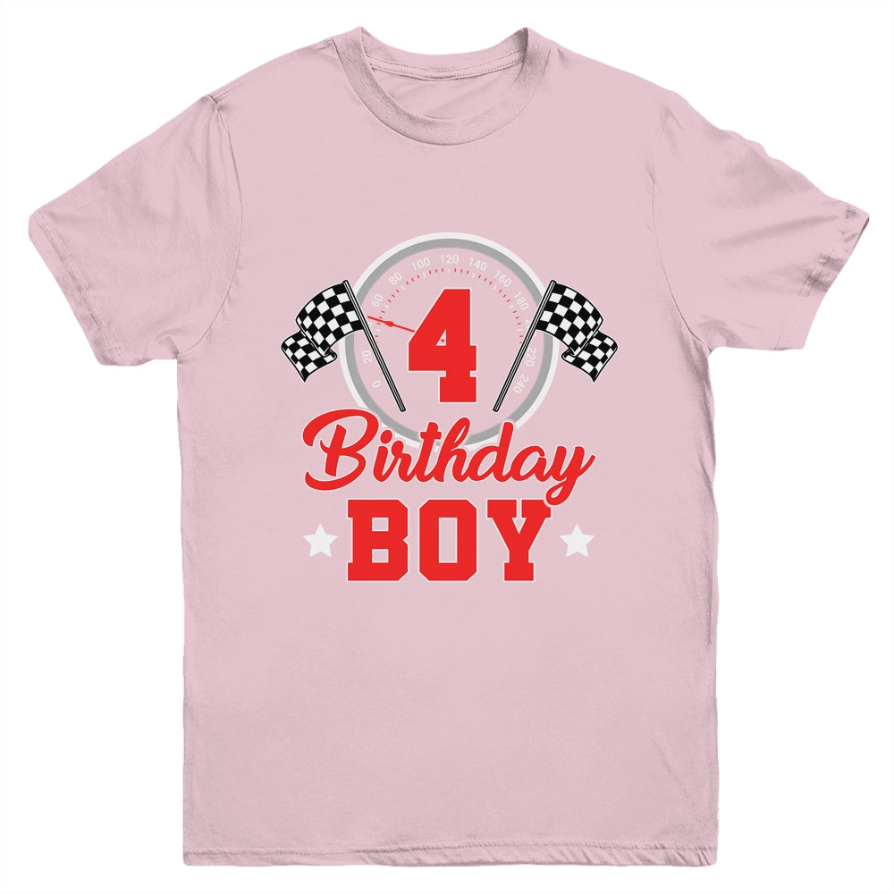 4th Birthday Boy Race Car Birthday Racing Car Flag Youth Shirt | teecentury