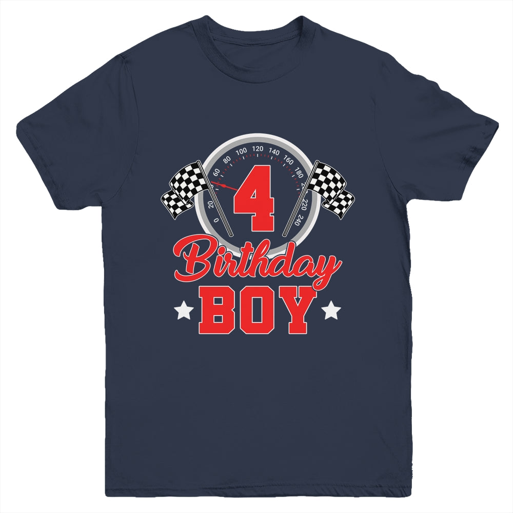 4th Birthday Boy Race Car Birthday Racing Car Flag Youth Shirt | teecentury