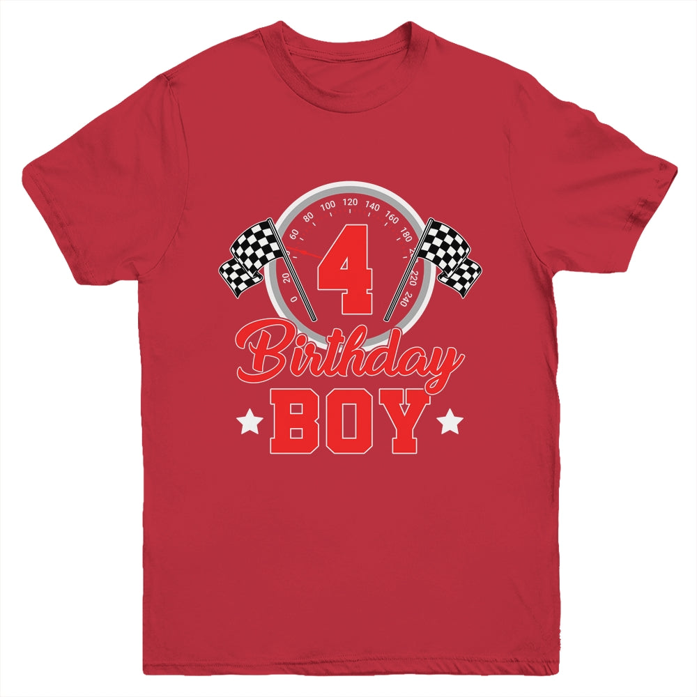 4th Birthday Boy Race Car Birthday Racing Car Flag Youth Shirt | teecentury