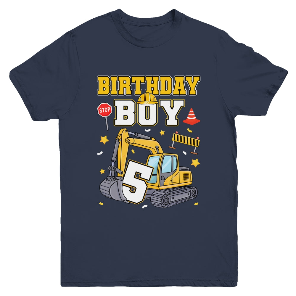 5th Birthday Boy 5 Years Old Excavator Three Decorations Youth Shirt | teecentury