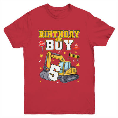 5th Birthday Boy 5 Years Old Excavator Three Decorations Youth Shirt | teecentury