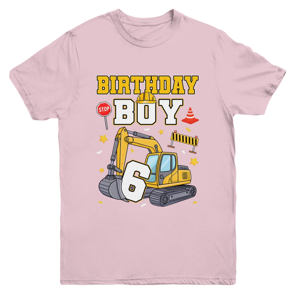 6th Birthday Boy 6 Years Old Excavator Three Decorations Youth Shirt | teecentury