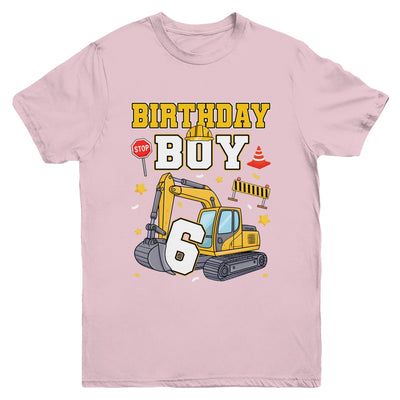 6th Birthday Boy 6 Years Old Excavator Three Decorations Youth Shirt | teecentury