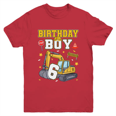 6th Birthday Boy 6 Years Old Excavator Three Decorations Youth Shirt | teecentury