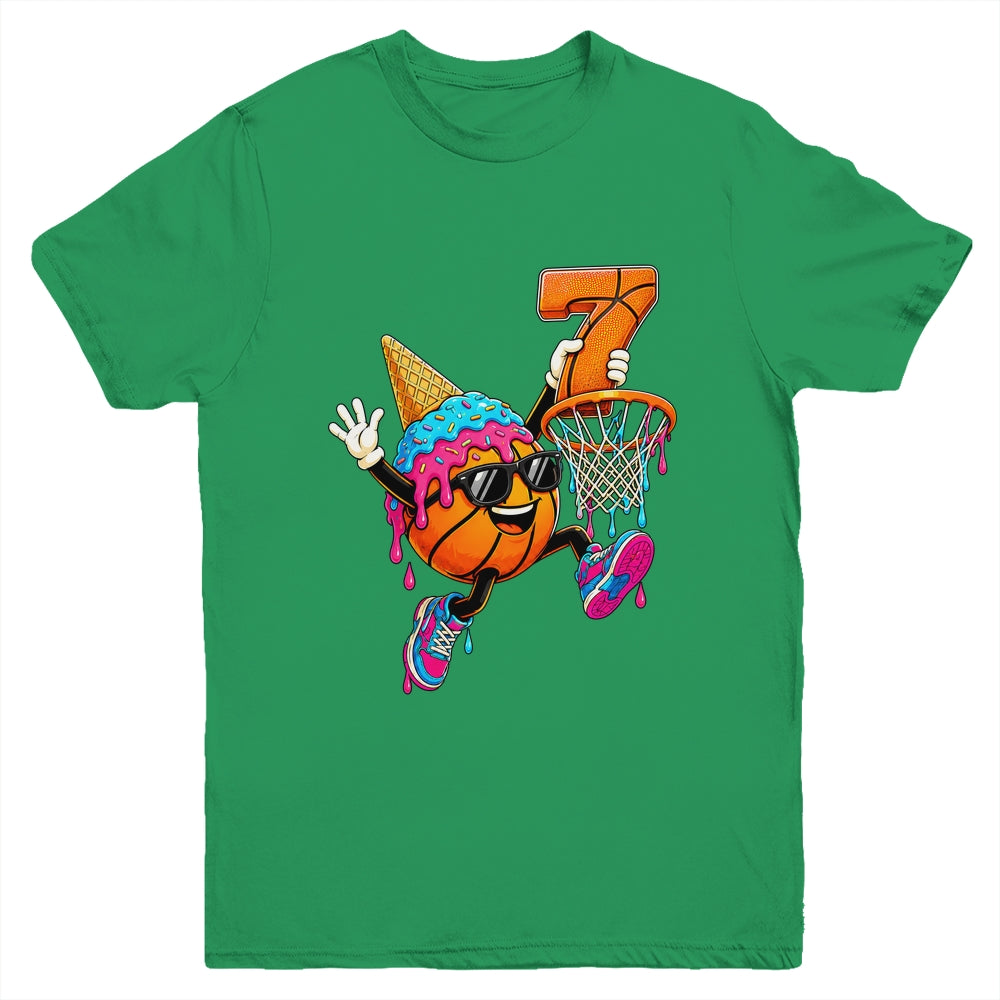 7Th Birthday Basketball Drip Ice Cream 7 Years Old Boys Kids Youth Shirt | teecentury