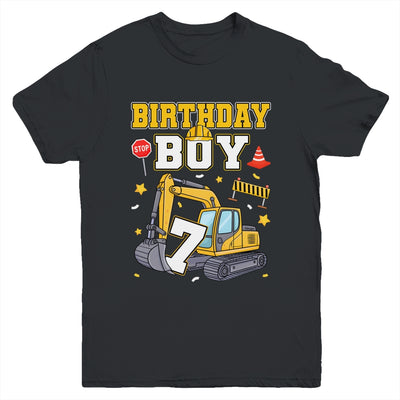 7th Birthday Boy 7 Years Old Excavator Three Decorations Youth Shirt | teecentury