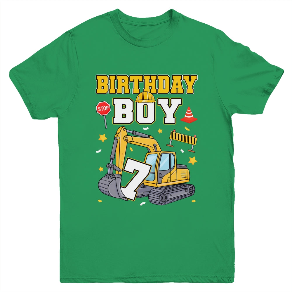 7th Birthday Boy 7 Years Old Excavator Three Decorations Youth Shirt | teecentury