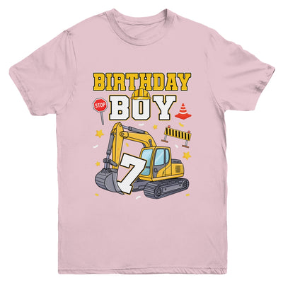 7th Birthday Boy 7 Years Old Excavator Three Decorations Youth Shirt | teecentury