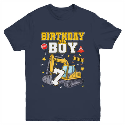 7th Birthday Boy 7 Years Old Excavator Three Decorations Youth Shirt | teecentury