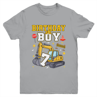 7th Birthday Boy 7 Years Old Excavator Three Decorations Youth Shirt | teecentury