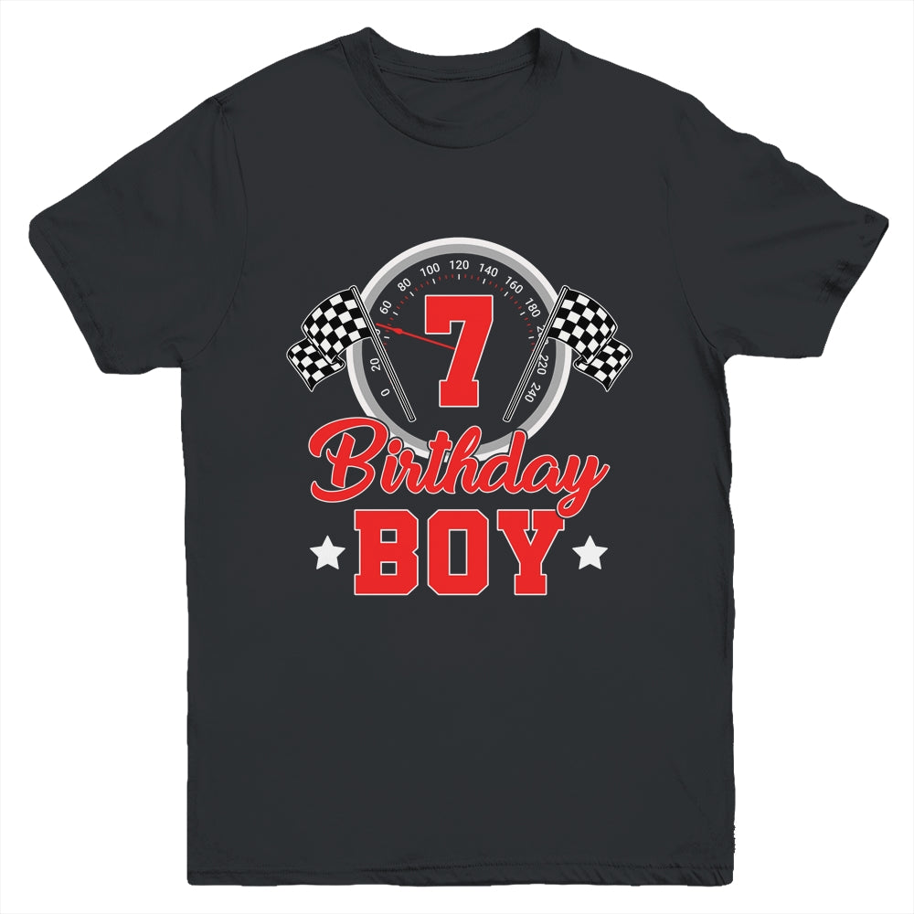 7th Birthday Boy Race Car Birthday Racing Car Flag Youth Shirt | teecentury