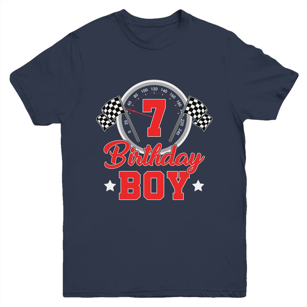 7th Birthday Boy Race Car Birthday Racing Car Flag Youth Shirt | teecentury
