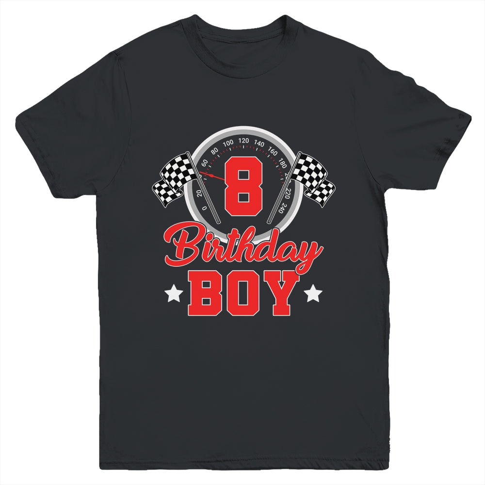 8th Birthday Boy Race Car Birthday Racing Car Flag Youth Shirt | teecentury