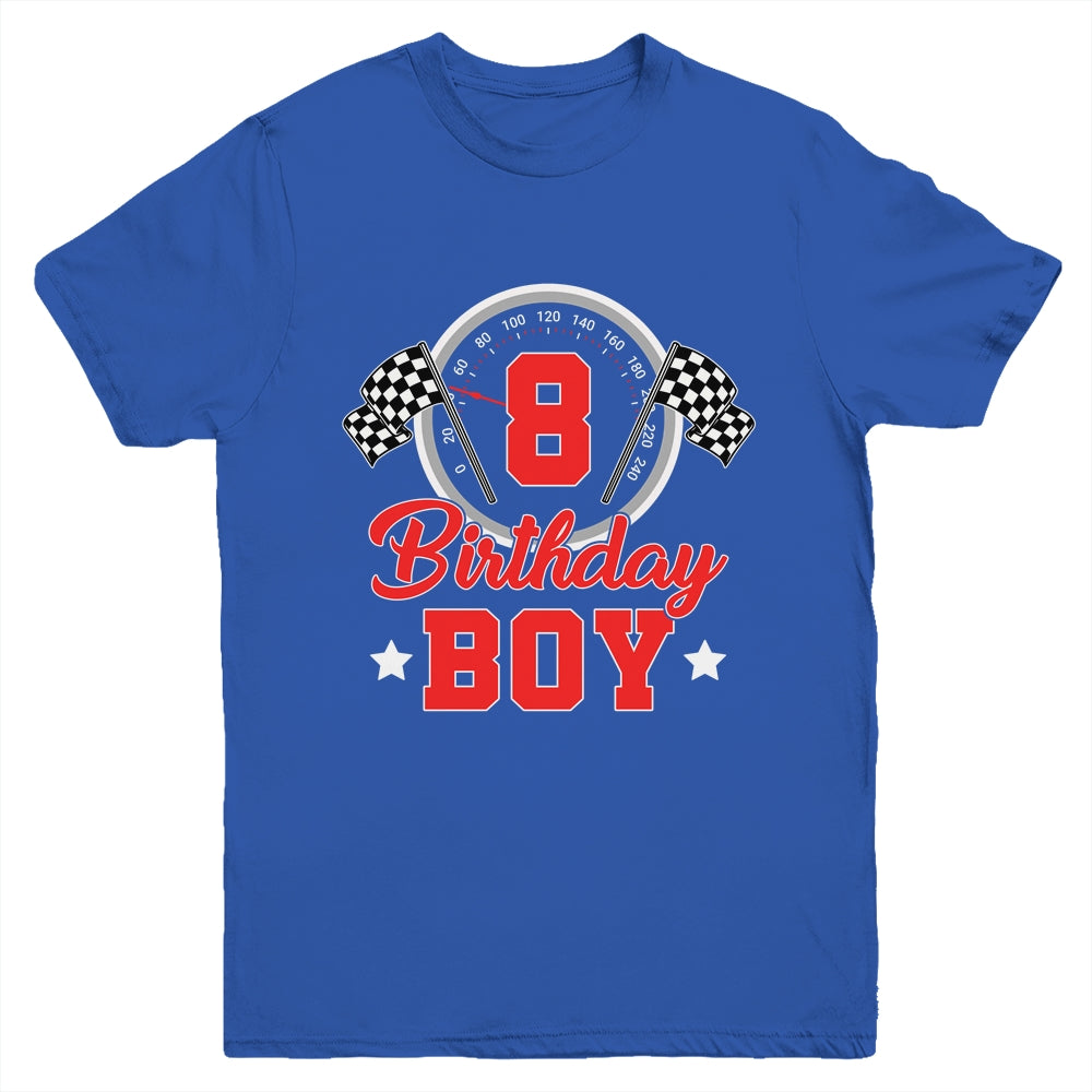 8th Birthday Boy Race Car Birthday Racing Car Flag Youth Shirt | teecentury