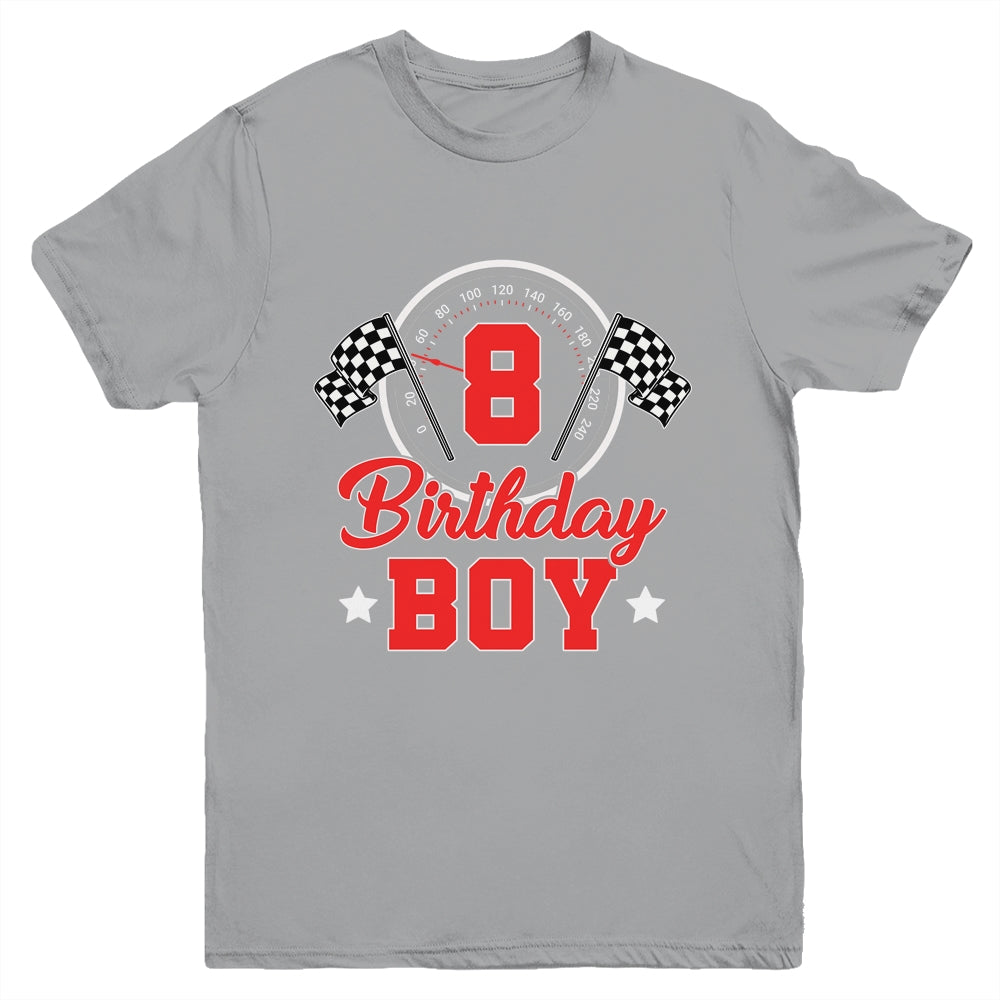 8th Birthday Boy Race Car Birthday Racing Car Flag Youth Shirt | teecentury