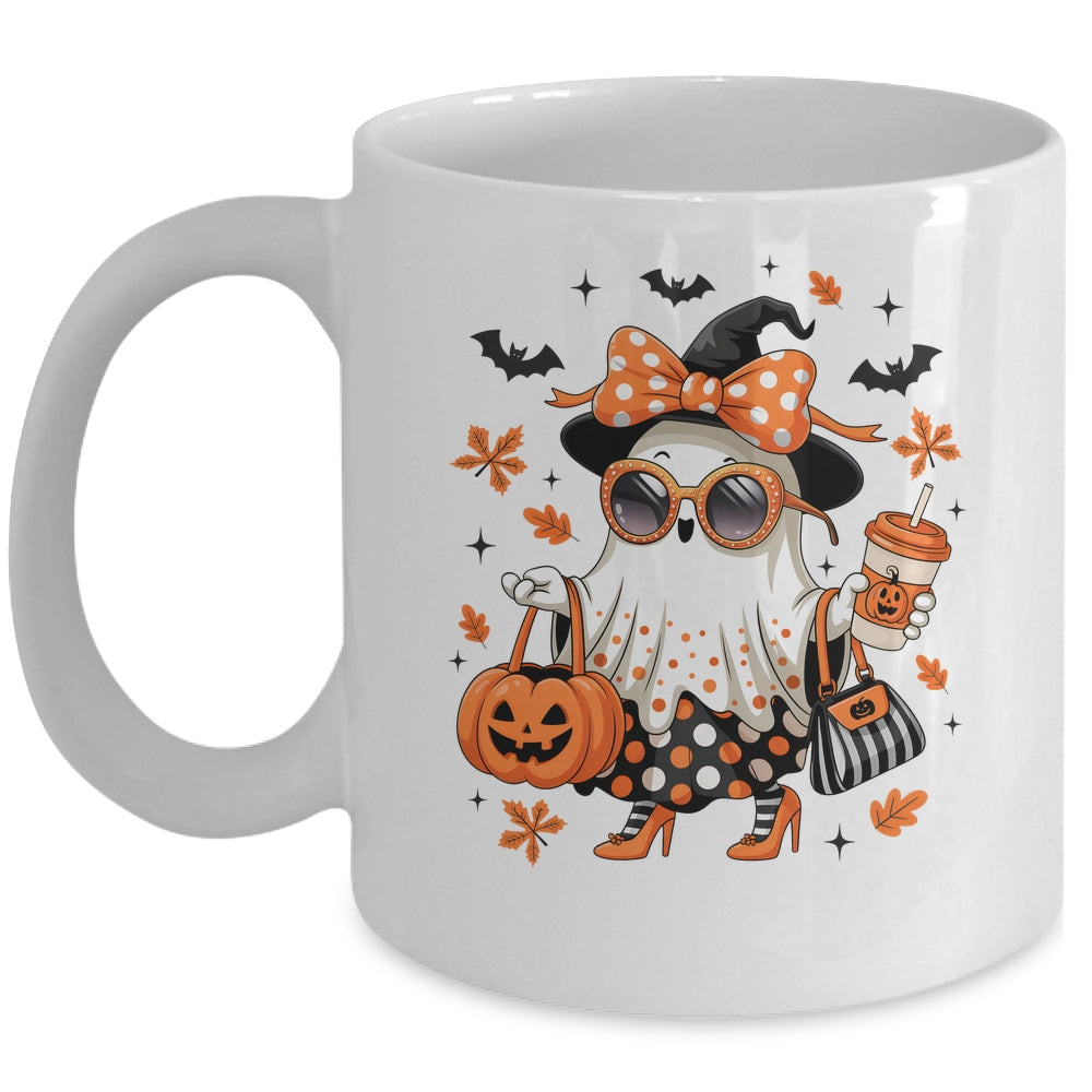 About Cute Funny Ghost Pumpkin Halloween Bow Funny Mug | teecentury