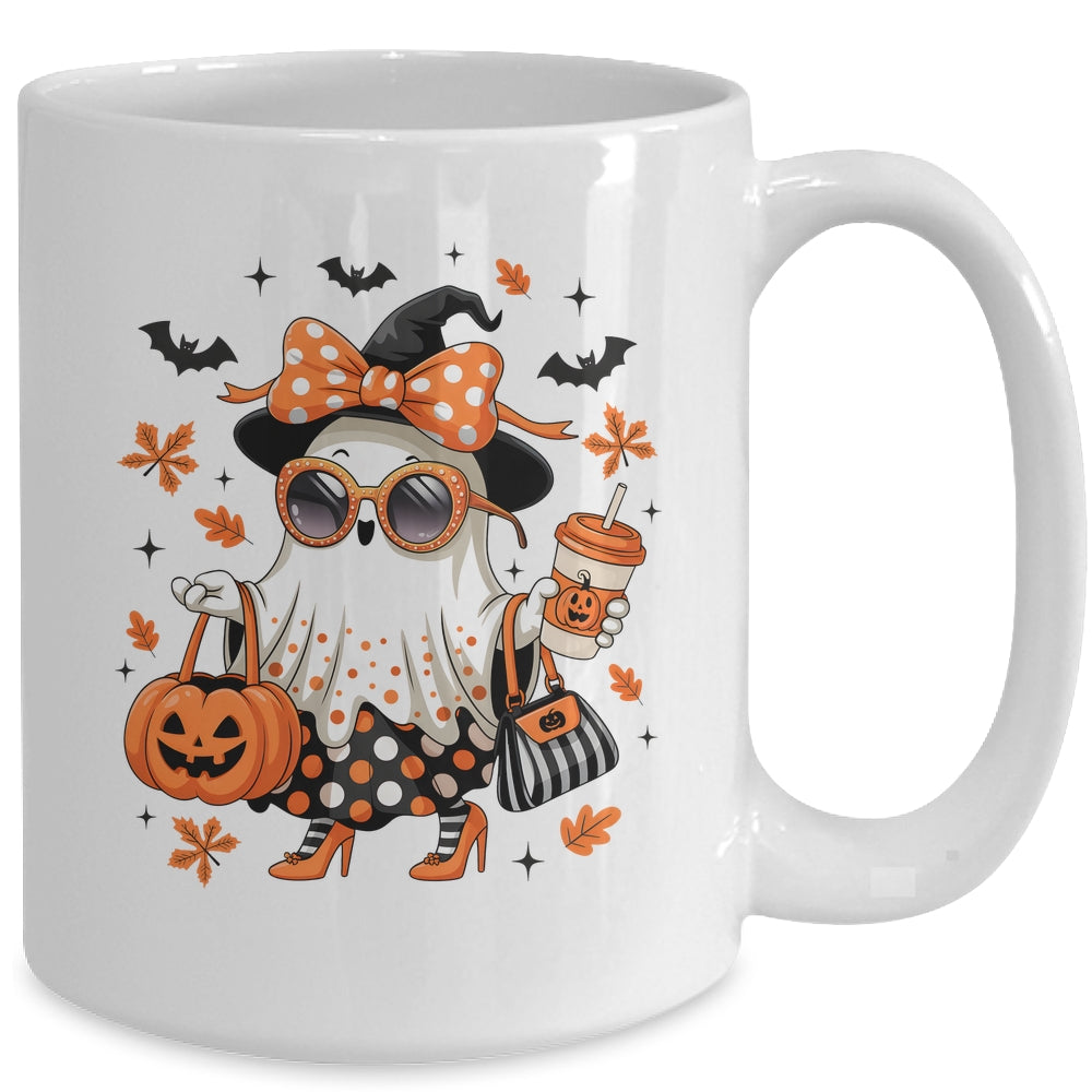 About Cute Funny Ghost Pumpkin Halloween Bow Funny Mug | teecentury