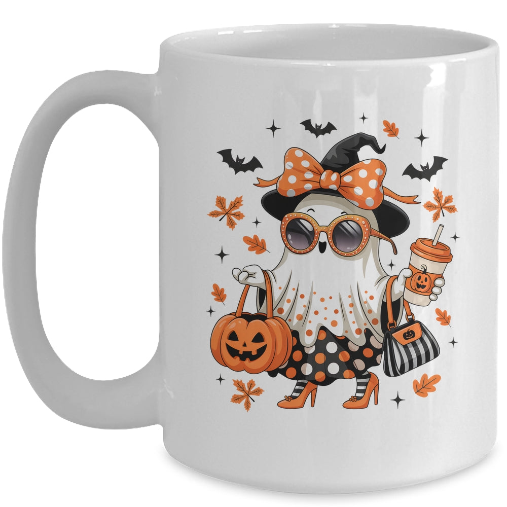 About Cute Funny Ghost Pumpkin Halloween Bow Funny Mug | teecentury