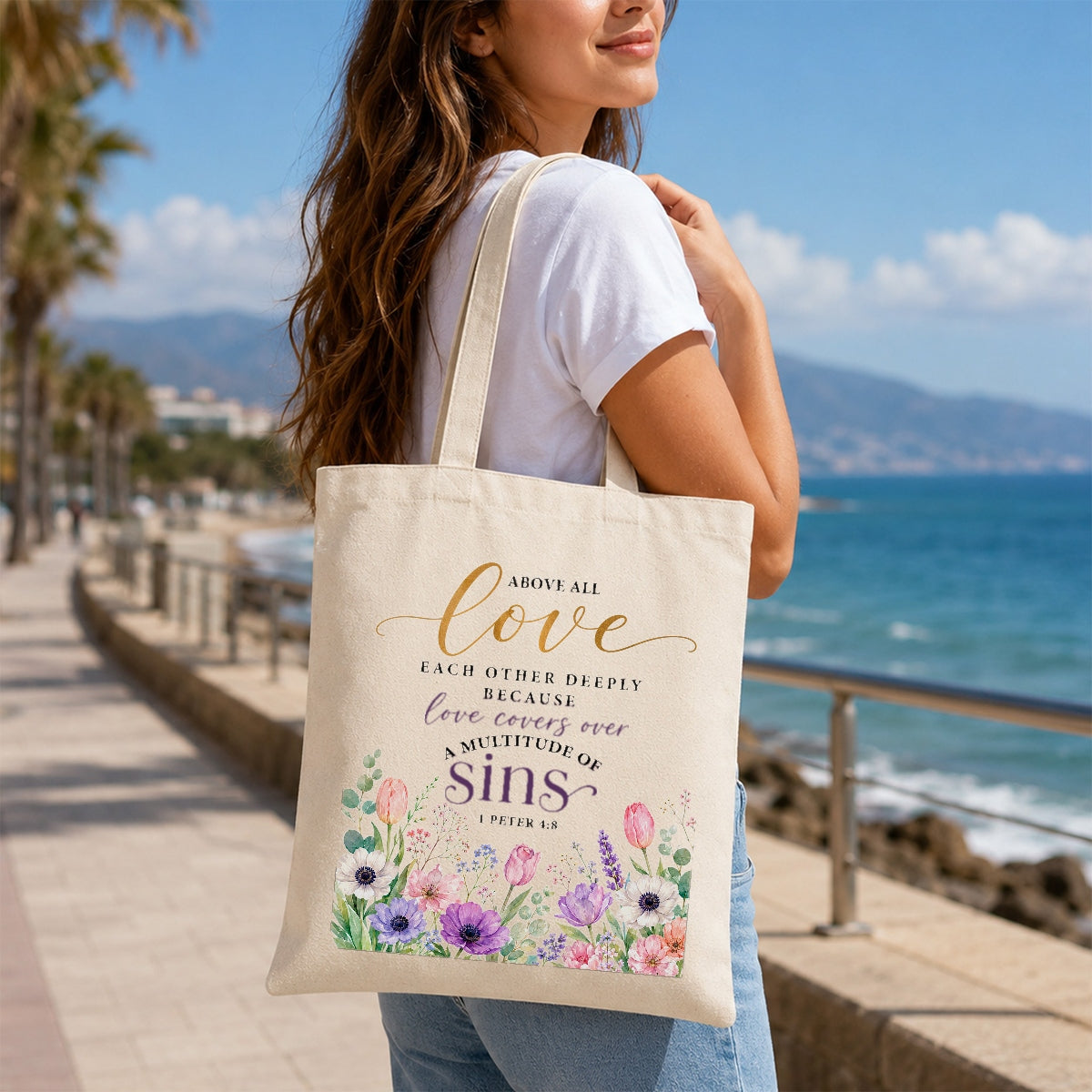 Above All Love Each Other Deeply 1 Peter 4 8 Floral Christian Tote Bag For Women Bible Verse Canvas Bag Church Faith Religious Gift Reusable Shopping Beach Travel | teecentury