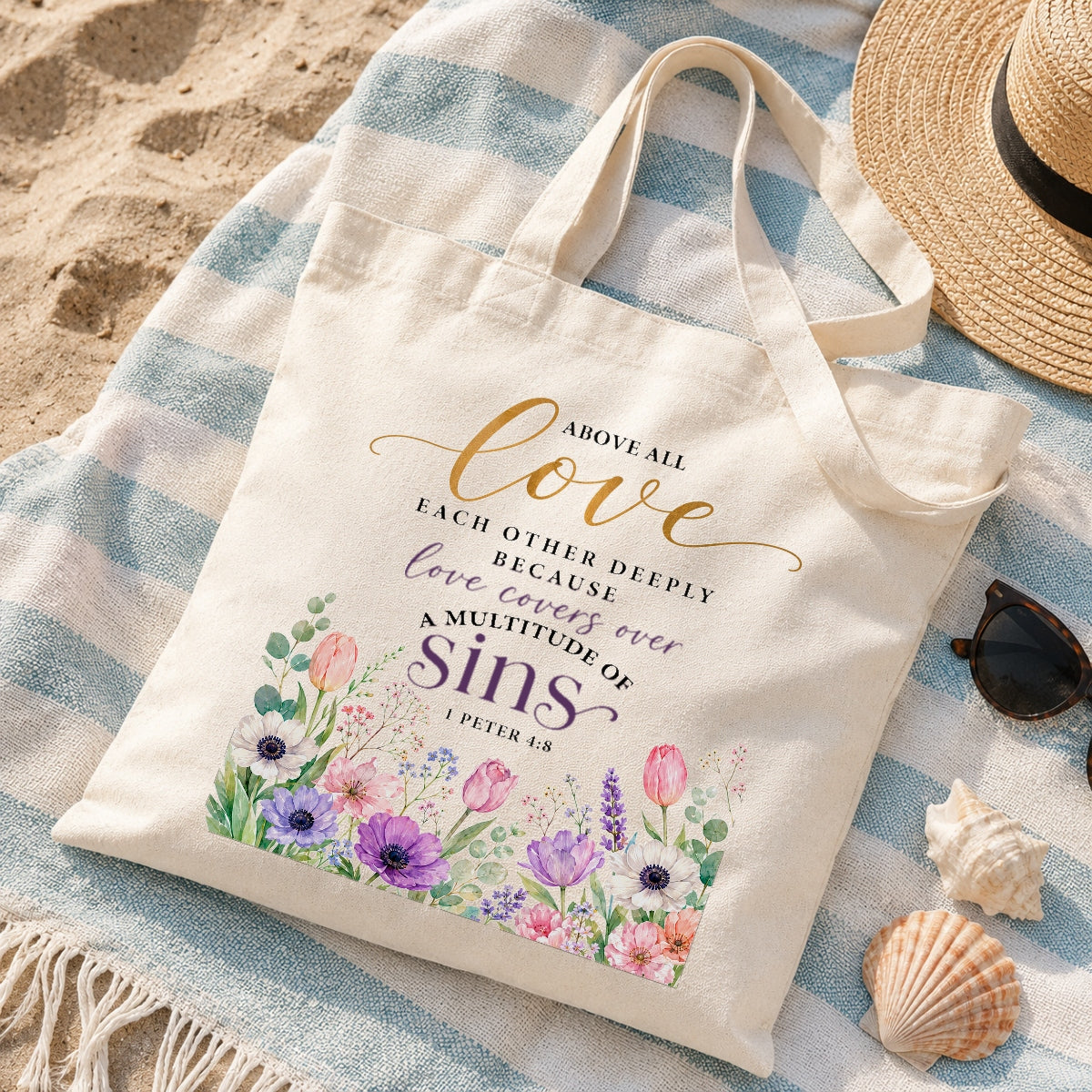 Above All Love Each Other Deeply 1 Peter 4 8 Floral Christian Tote Bag For Women Bible Verse Canvas Bag Church Faith Religious Gift Reusable Shopping Beach Travel | teecentury