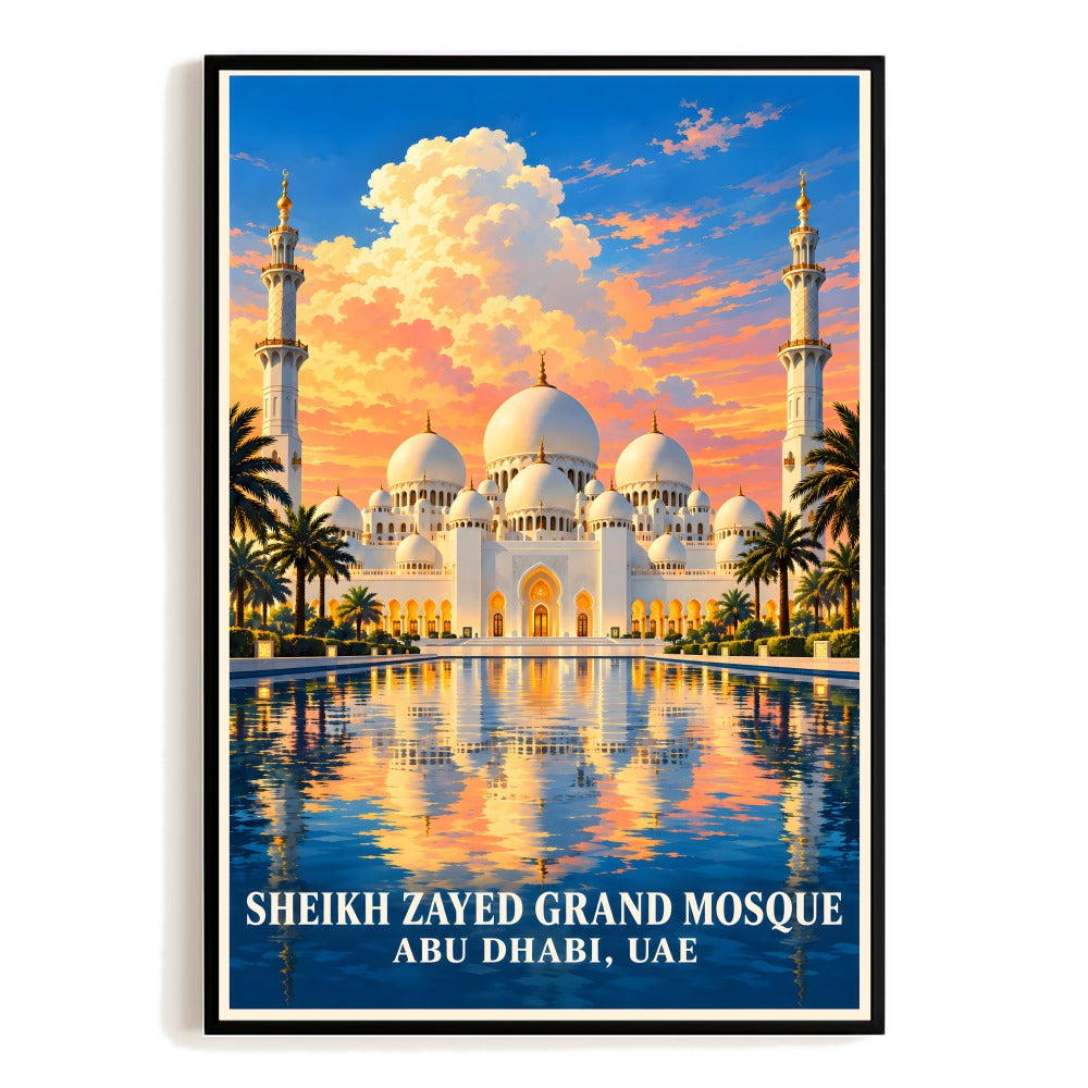 Abu Dhabi Uae Sheikh Zayed Grand Mosque Travel Poster Vintage Islamic Wall Art Print Middle East Architecture Landmark Decor For Home Living Room Office Bedroom Unframed | teecentury