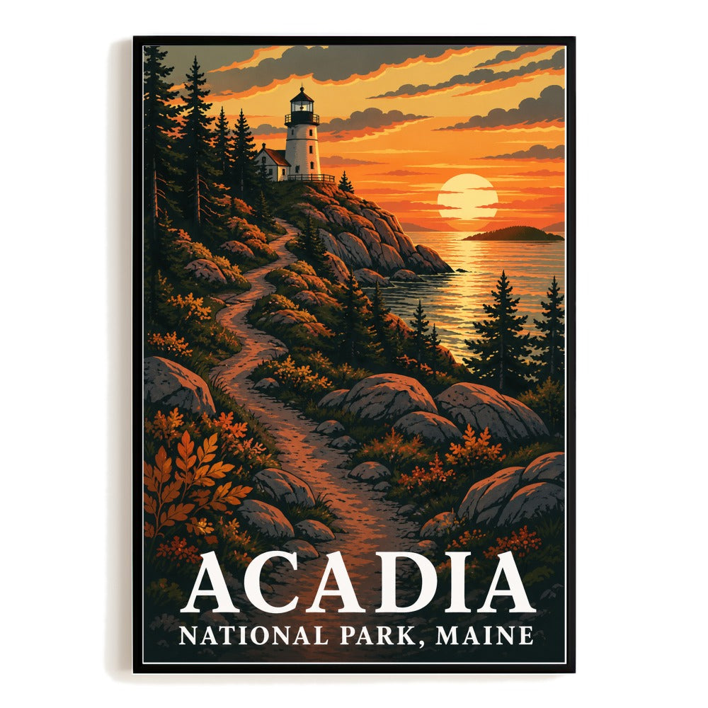 Acadia National Park Maine Lighthouse Sunset Retro Travel Poster Wall Art Vintage Landscape Print Painting Picture For Home Living Room Office Bedroom Decor Unframed | teecentury