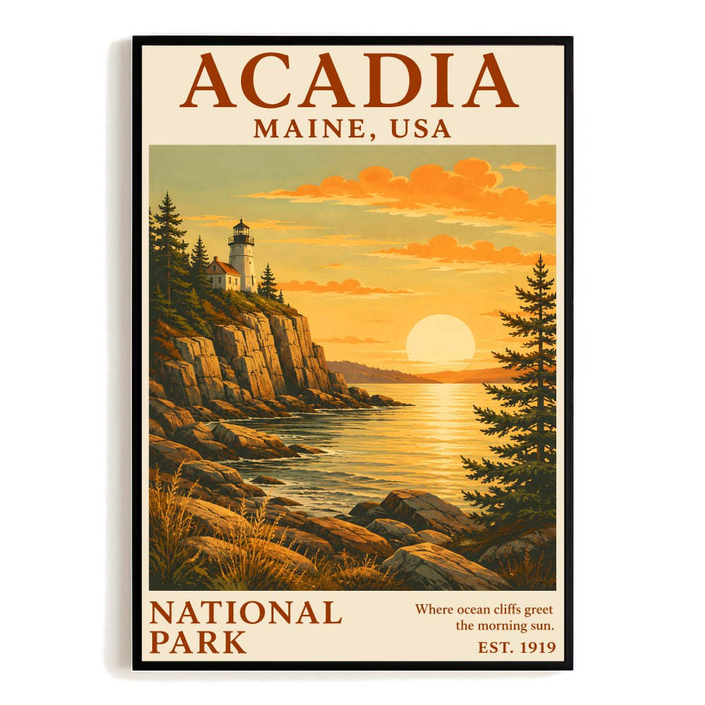 Acadia National Park Maine Travel Gifts Poster Vintage Lighthouse Sunset Ocean Cliffs Wall Art Landscape Print Painting For Home Living Room Bedroom Decor Unframed | teecentury