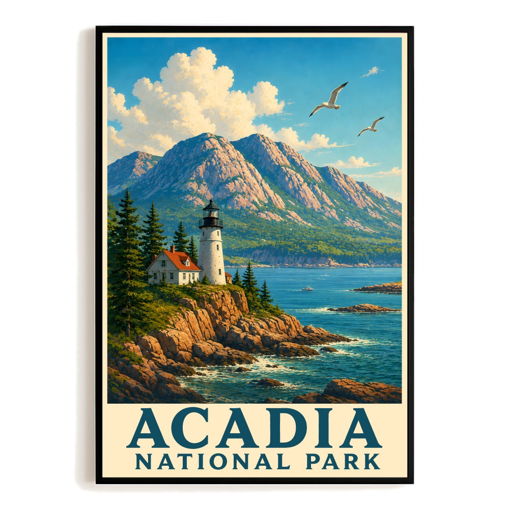 Acadia National Park Maine Travel Poster Souvenir Gift Vintage Lighthouse Mountain Coastal Wall Art Print Painting Picture Ideal For Home Office Bedroom Decor Unframed | teecentury